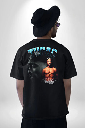 Tupac Müzik Pamuklu Kadın Erkek Oversize Sırt Dijital Baskılı Siyah T-shirt