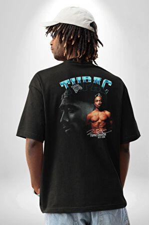 Tupac Müzik Pamuklu Kadın Erkek Oversize Sırt Dijital Baskılı Siyah T-shirt
