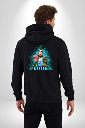 Karol G Şarkıcı  Kadın Erkek Siyah Kapüşonlu Fermuarlı Baskılı Hırka Sweatshirt
