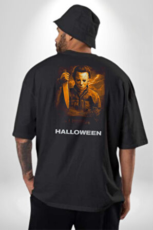 HALLOWEEN Korku Sineması Pamuklu Kadın Erkek Oversize Sırt Dijital Baskılı Siyah T-shirt