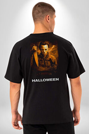 HALLOWEEN Korku Sineması Pamuklu Kadın Erkek Oversize Sırt Dijital Baskılı Siyah T-shirt