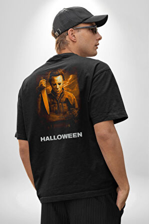 HALLOWEEN Korku Sineması Pamuklu Kadın Erkek Oversize Sırt Dijital Baskılı Siyah T-shirt