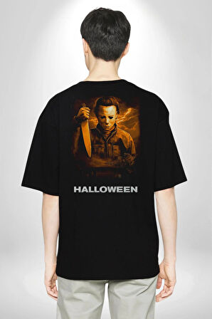 HALLOWEEN Korku Sineması Pamuklu Kadın Erkek Oversize Sırt Dijital Baskılı Siyah T-shirt