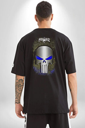 Punisher Pamuklu Kadın Erkek Oversize Sırt Dijital Baskılı Siyah T-shirt