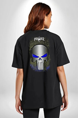 Punisher Pamuklu Kadın Erkek Oversize Sırt Dijital Baskılı Siyah T-shirt