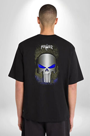Punisher Pamuklu Kadın Erkek Oversize Sırt Dijital Baskılı Siyah T-shirt