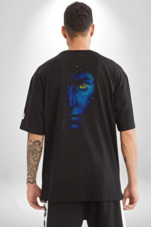 Avatar Face Film Pamuklu Kadın Erkek Oversize Sırt Dijital Baskılı Siyah T-shirt