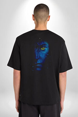 Avatar Face Film Pamuklu Kadın Erkek Oversize Sırt Dijital Baskılı Siyah T-shirt