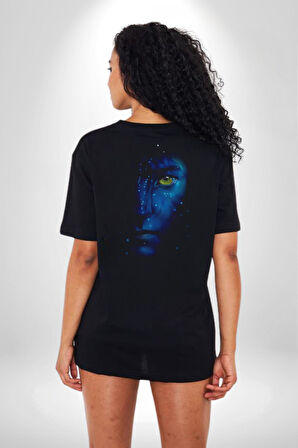 Avatar Face Film Pamuklu Kadın Erkek Oversize Sırt Dijital Baskılı Siyah T-shirt