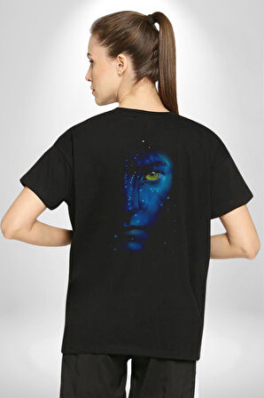 Avatar Face Film Pamuklu Kadın Erkek Oversize Sırt Dijital Baskılı Siyah T-shirt