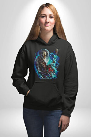 Elektro Gitar İskelet Yapay Zeka Kadın Erkek  Siyah Kapüşonlu Sweatshirt Hoodie