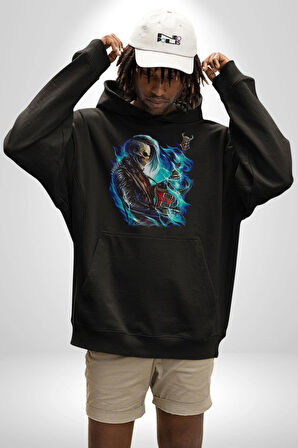 Elektro Gitar İskelet Yapay Zeka Kadın Erkek  Siyah Kapüşonlu Sweatshirt Hoodie