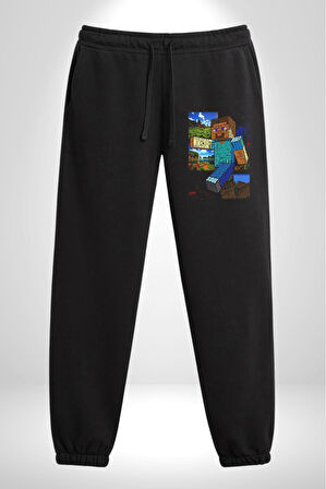 MineCraft Steve 3 İplik Erkek Baskılı Siyah Eşofman Altı