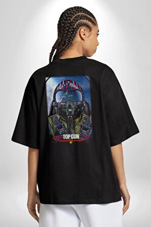Topgun Maverick Film F16 Ucak Pamuklu Kadın Erkek Oversize Sırt Dijital Baskılı Siyah T-shirt