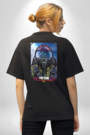 Topgun Maverick Film F16 Ucak Pamuklu Kadın Erkek Oversize Sırt Dijital Baskılı Siyah T-shirt
