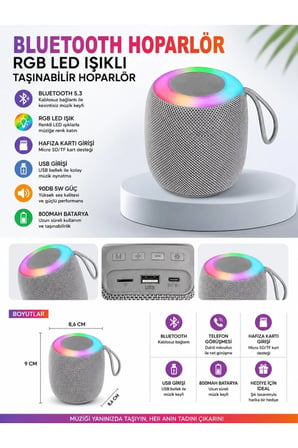 D10 Rgb Led Işıklı Bluetoth Speaker Hafıza Kartı ve Usb Girişli Fm Radyolu Şarjlı Taşınabilir Hoparlör 5W