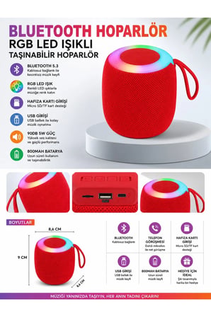 D10 Rgb Led Işıklı Bluetoth Speaker Hafıza Kartı ve Usb Girişli Fm Radyolu Şarjlı Taşınabilir Hoparlör 5W