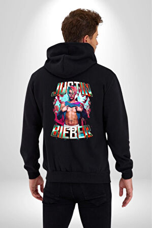 JUSTIN BIEBER Kadın Erkek Siyah Kapüşonlu Fermuarlı Baskılı Hırka Sweatshirt