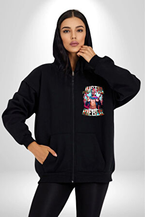JUSTIN BIEBER Kadın Erkek Siyah Kapüşonlu Fermuarlı Baskılı Hırka Sweatshirt