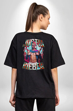 JUSTIN BIEBER Pamuklu Kadın Erkek Oversize Sırt Dijital Baskılı Siyah T-shirt
