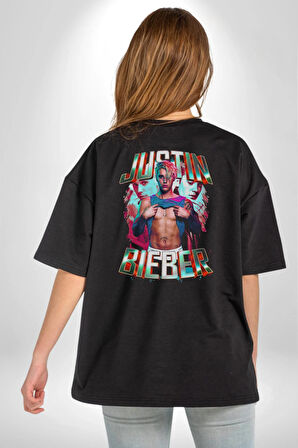 JUSTIN BIEBER Pamuklu Kadın Erkek Oversize Sırt Dijital Baskılı Siyah T-shirt