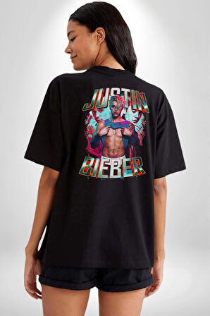 JUSTIN BIEBER Pamuklu Kadın Erkek Oversize Sırt Dijital Baskılı Siyah T-shirt