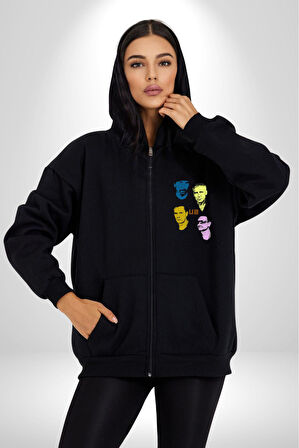 U2 Müzik Grubu Kadın Erkek Siyah Kapüşonlu Fermuarlı Baskılı Hırka Sweatshirt