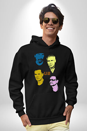 U2 Müzik Grubu Kadın Erkek  Siyah Kapüşonlu Sweatshirt Hoodie