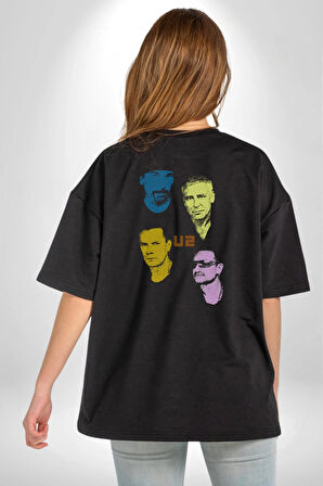 U2 Müzik Grubu Pamuklu Kadın Erkek Oversize Sırt Dijital Baskılı Siyah T-shirt