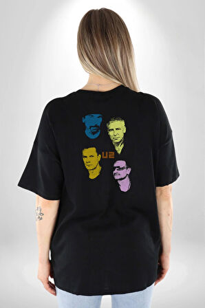 U2 Müzik Grubu Pamuklu Kadın Erkek Oversize Sırt Dijital Baskılı Siyah T-shirt