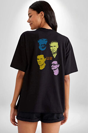 U2 Müzik Grubu Pamuklu Kadın Erkek Oversize Sırt Dijital Baskılı Siyah T-shirt