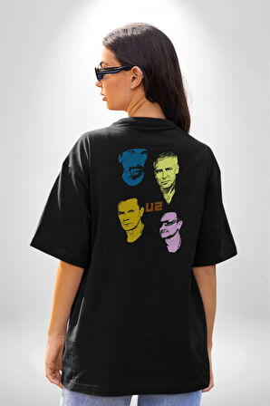 U2 Müzik Grubu Pamuklu Kadın Erkek Oversize Sırt Dijital Baskılı Siyah T-shirt
