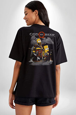 GOD OF BEER Simpson  Pamuklu Kadın Erkek Oversize Sırt Dijital Baskılı Siyah T-shirt