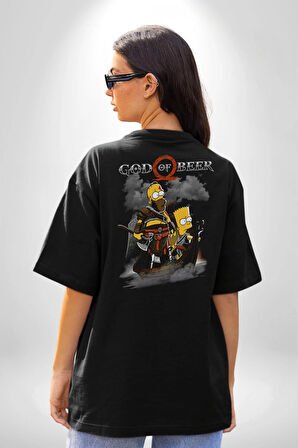 GOD OF BEER Simpson  Pamuklu Kadın Erkek Oversize Sırt Dijital Baskılı Siyah T-shirt
