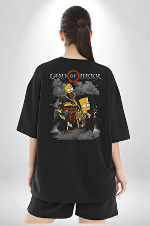 GOD OF BEER Simpson  Pamuklu Kadın Erkek Oversize Sırt Dijital Baskılı Siyah T-shirt