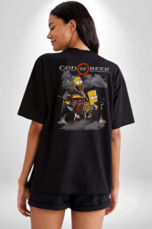 GOD OF BEER Simpson  Pamuklu Kadın Erkek Oversize Sırt Dijital Baskılı Siyah T-shirt