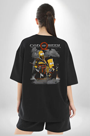 GOD OF BEER Simpson  Pamuklu Kadın Erkek Oversize Sırt Dijital Baskılı Siyah T-shirt