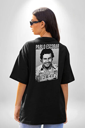 Pablo Escobar Pamuklu Kadın Erkek Oversize Sırt Dijital Baskılı Siyah T-shirt