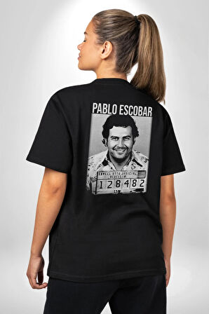 Pablo Escobar Pamuklu Kadın Erkek Oversize Sırt Dijital Baskılı Siyah T-shirt