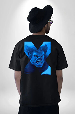 X-Men Mavi Adam Pamuklu Kadın Erkek Oversize Sırt Dijital Baskılı Siyah T-shirt