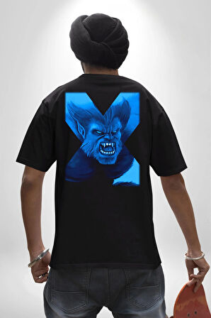 X-Men Mavi Adam Pamuklu Kadın Erkek Oversize Sırt Dijital Baskılı Siyah T-shirt