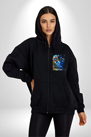 Avatar Film Kadın Erkek Siyah Kapüşonlu Fermuarlı Baskılı Hırka Sweatshirt