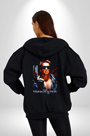 The Terminatör Film Kadın Erkek Siyah Kapüşonlu Fermuarlı Baskılı Hırka Sweatshirt