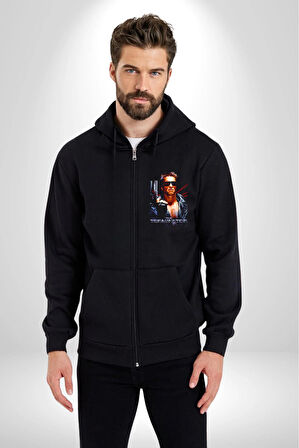 The Terminatör Film Kadın Erkek Siyah Kapüşonlu Fermuarlı Baskılı Hırka Sweatshirt