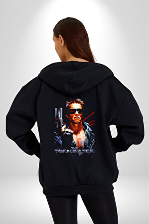 The Terminatör Film Kadın Erkek Siyah Kapüşonlu Fermuarlı Baskılı Hırka Sweatshirt
