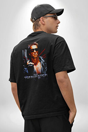 The Terminatör Film Pamuklu Kadın Erkek Oversize Sırt Dijital Baskılı Siyah T-shirt