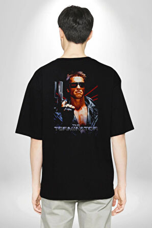 The Terminatör Film Pamuklu Kadın Erkek Oversize Sırt Dijital Baskılı Siyah T-shirt