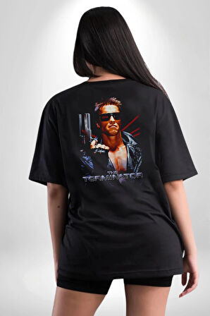 The Terminatör Film Pamuklu Kadın Erkek Oversize Sırt Dijital Baskılı Siyah T-shirt
