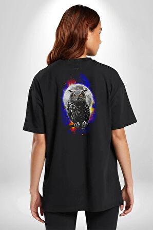 Baykuş Ay Gece Uğur Pamuklu Kadın Erkek Oversize Sırt Dijital Baskılı Siyah T-shirt