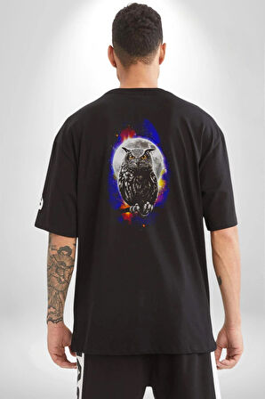 Baykuş Ay Gece Uğur Pamuklu Kadın Erkek Oversize Sırt Dijital Baskılı Siyah T-shirt